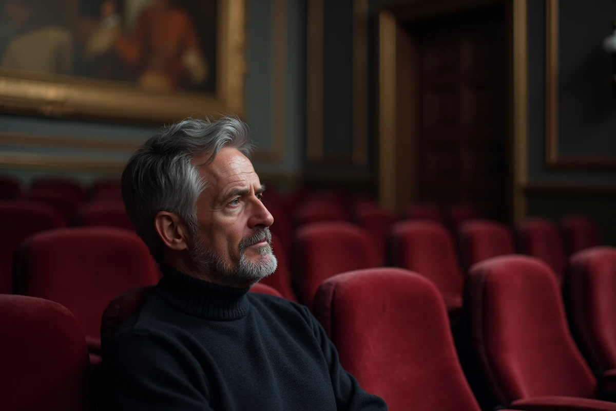 Homme regardant un film dans une salle de cinéma d'art et essai évoquant le cinéma sur la Résistance norvégienne