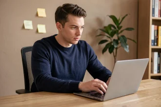 Homme consultant le site Gagrop sur un ordinateur portable dans un bureau à domicile moderne en 2026
