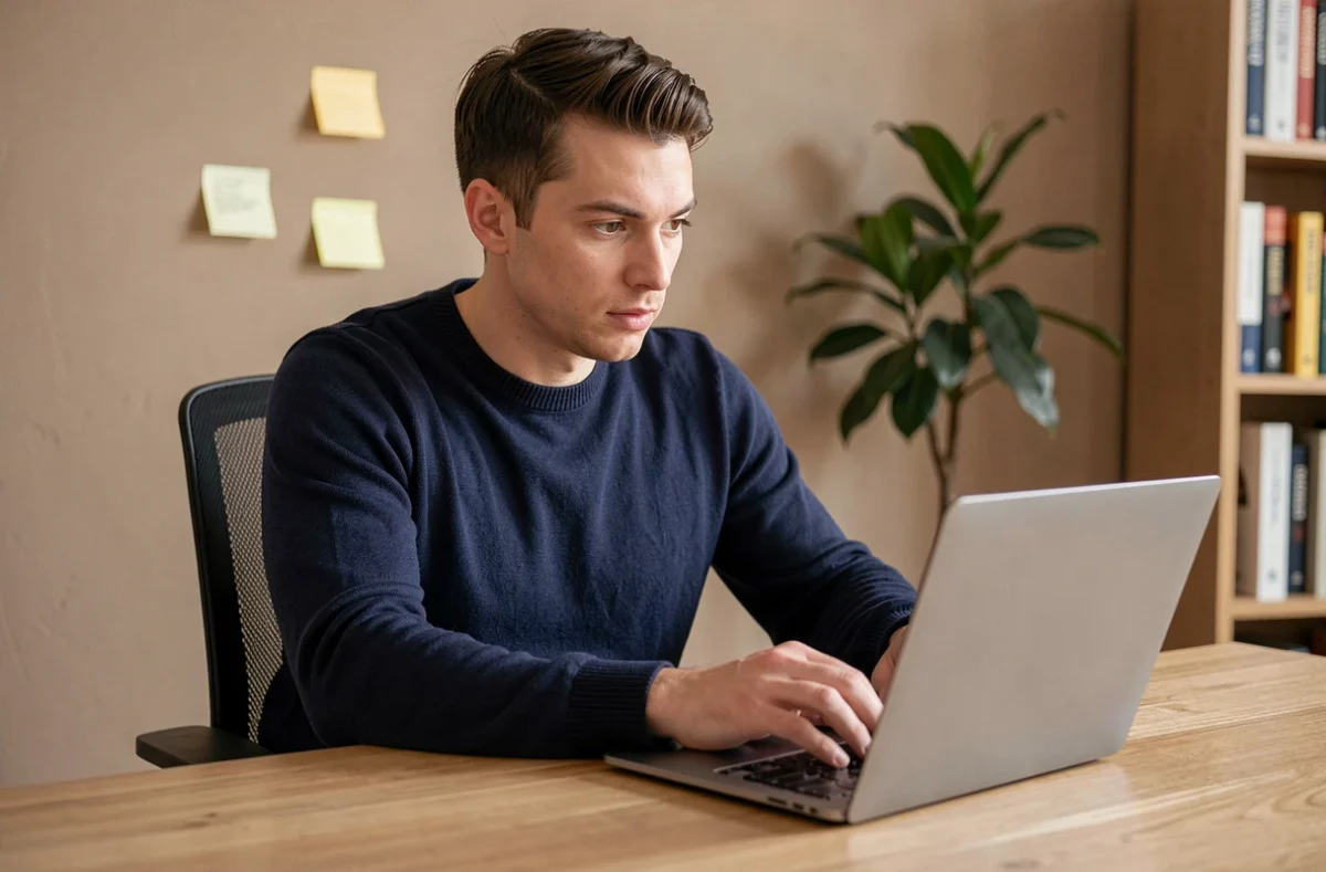 Homme consultant le site Gagrop sur un ordinateur portable dans un bureau à domicile moderne en 2026