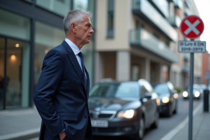 Homme d'affaires contemplant une restriction diesel en ville