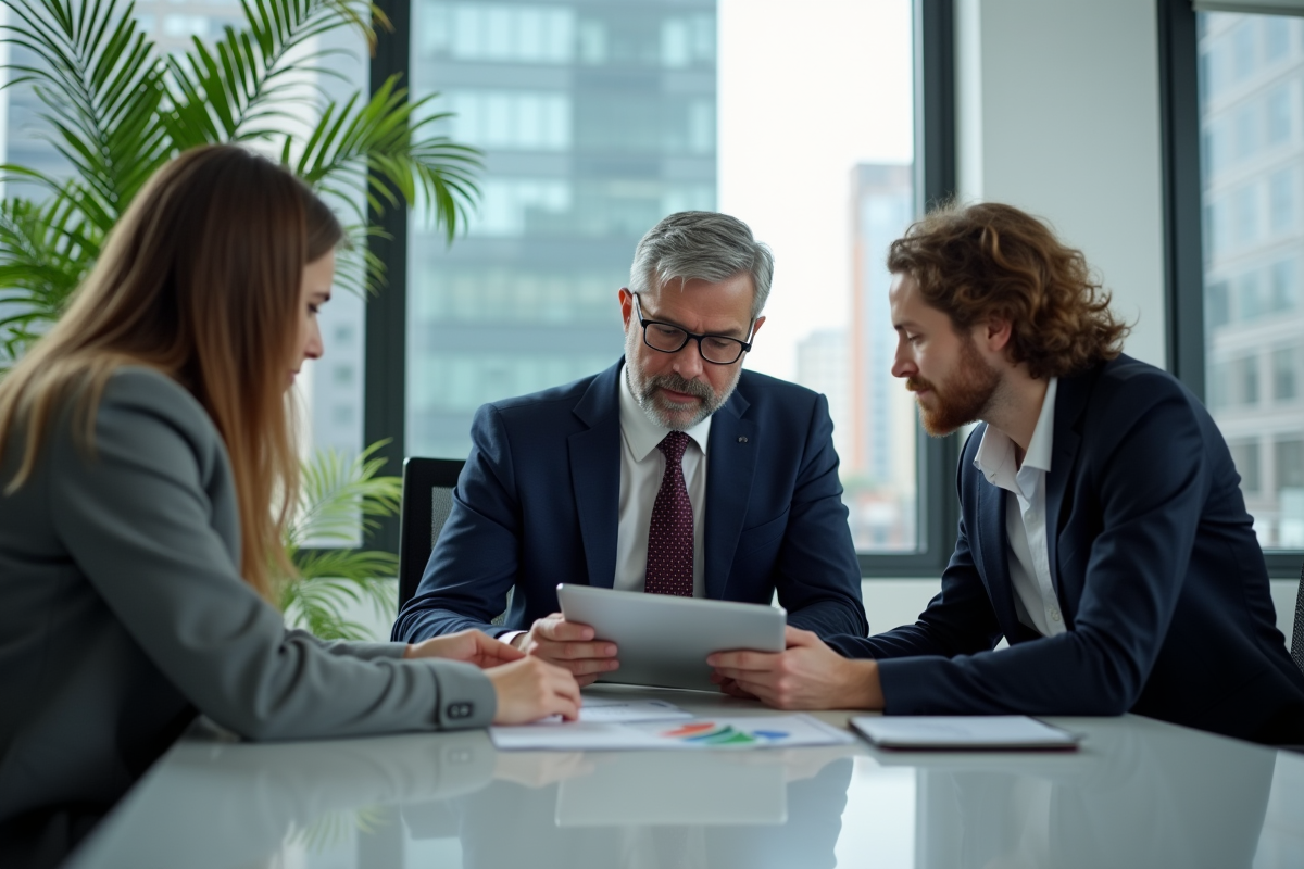 Homme en costume discute de prêt immobilier avec un couple