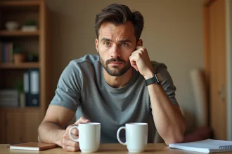 Homme indécis face à deux tasses de café identiques posées sur un bureau en bois, illustrant le paradoxe de l'âne de Buridan