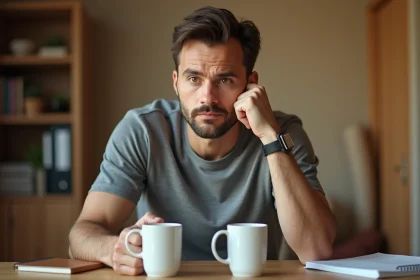 Homme indécis face à deux tasses de café identiques posées sur un bureau en bois, illustrant le paradoxe de l'âne de Buridan
