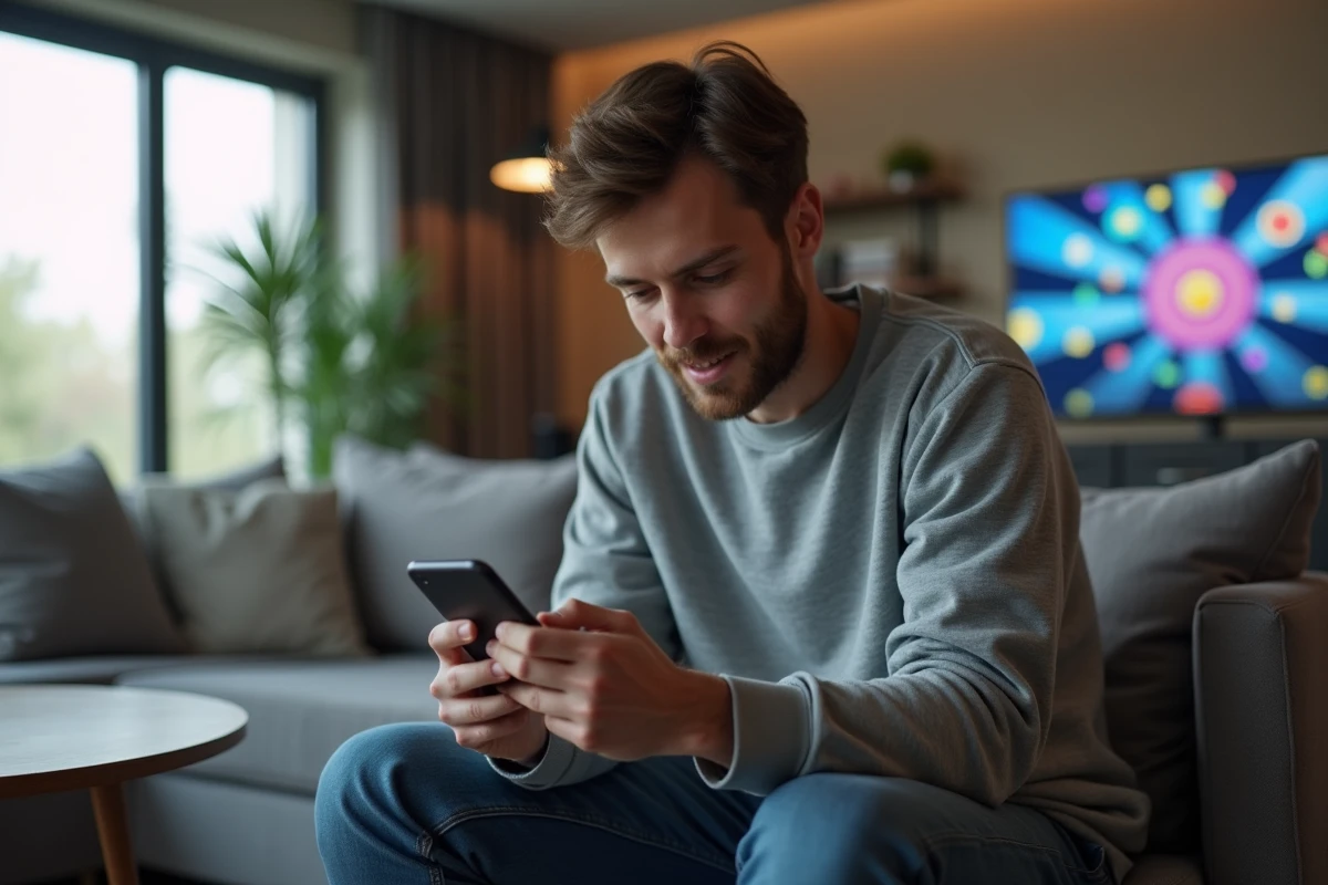 Homme concentré sur son téléphone jouant à un jeu de spins mobiles dans un salon moderne