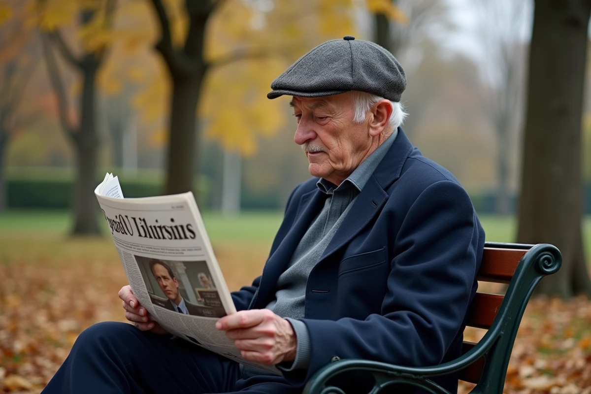 Homme âgé lisant un journal dans un parc parisien en automne