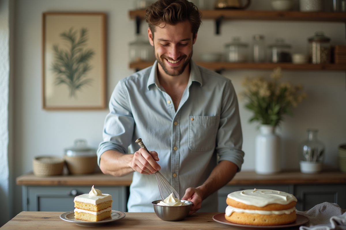 Homme préparant la crème mascarpone avec un gâteau dans une salle à manger cosy