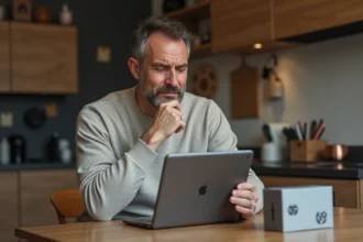 Homme pensif avec produits mystérieux dans la cuisine