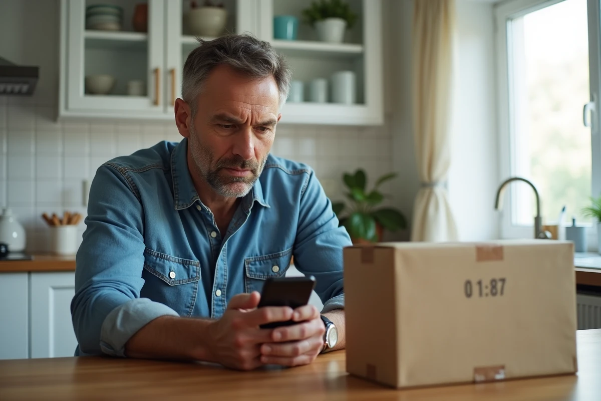Homme méfiant vérifiant un numéro de téléphone inconnu lié à une livraison Amazon
