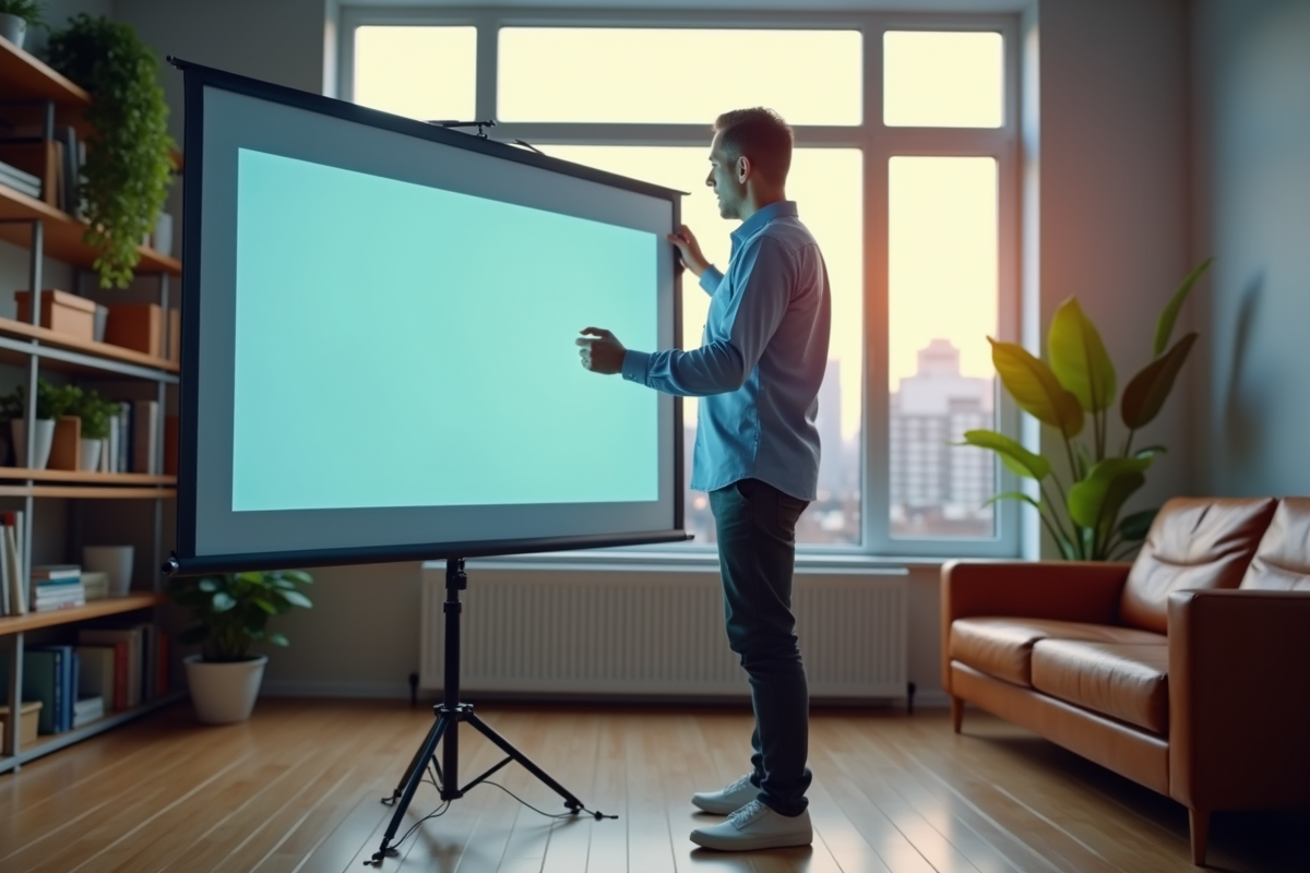 Homme d'âge moyen ajustant un écran de projection dans un bureau moderne