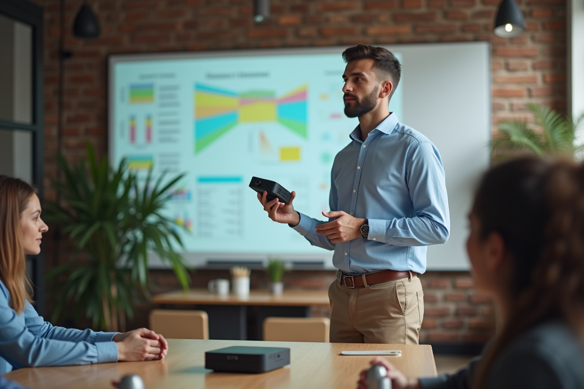 Jeune homme en réunion informelle avec projecteur portable
