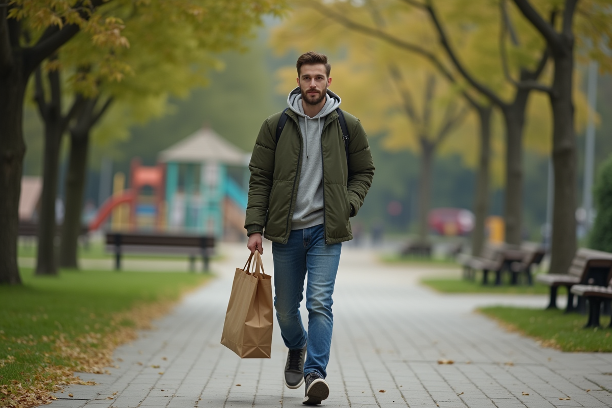 Jeune homme marchant dans un parc urbain avec sac