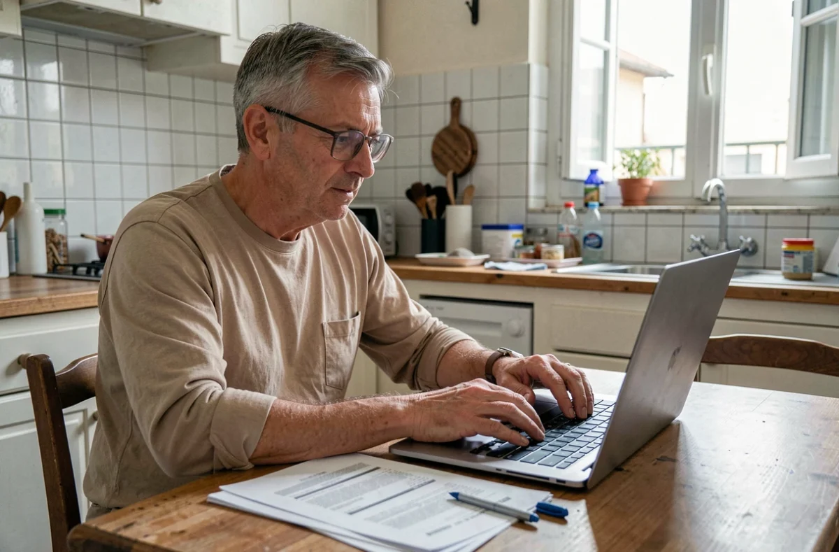 Homme tapant une lettre de recours administratif sur ordinateur portable avec un formulaire PDF imprimé sur la table