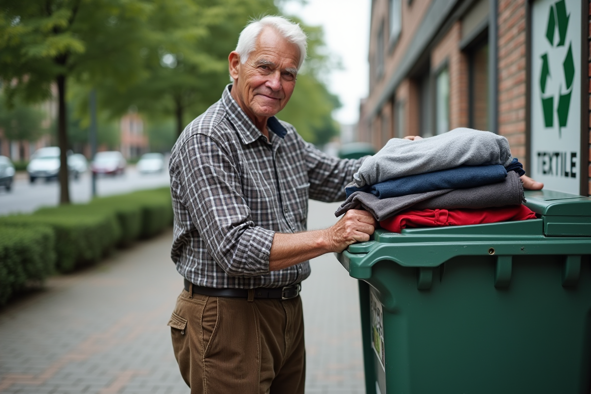 Homme âgé déposant des vêtements dans un conteneur de recyclage textile