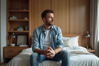 Homme pensif assis sur le lit dans une chambre moderne