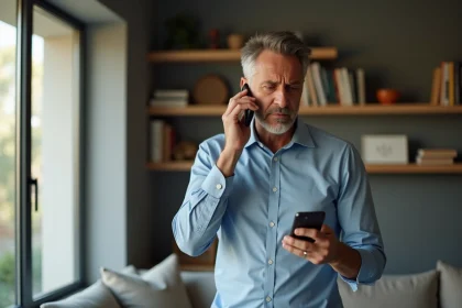 Homme d'âge moyen au téléphone dans un salon moderne