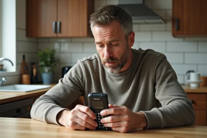 Homme d'âge moyen examinant un vieux téléphone portable dans une cuisine moderne
