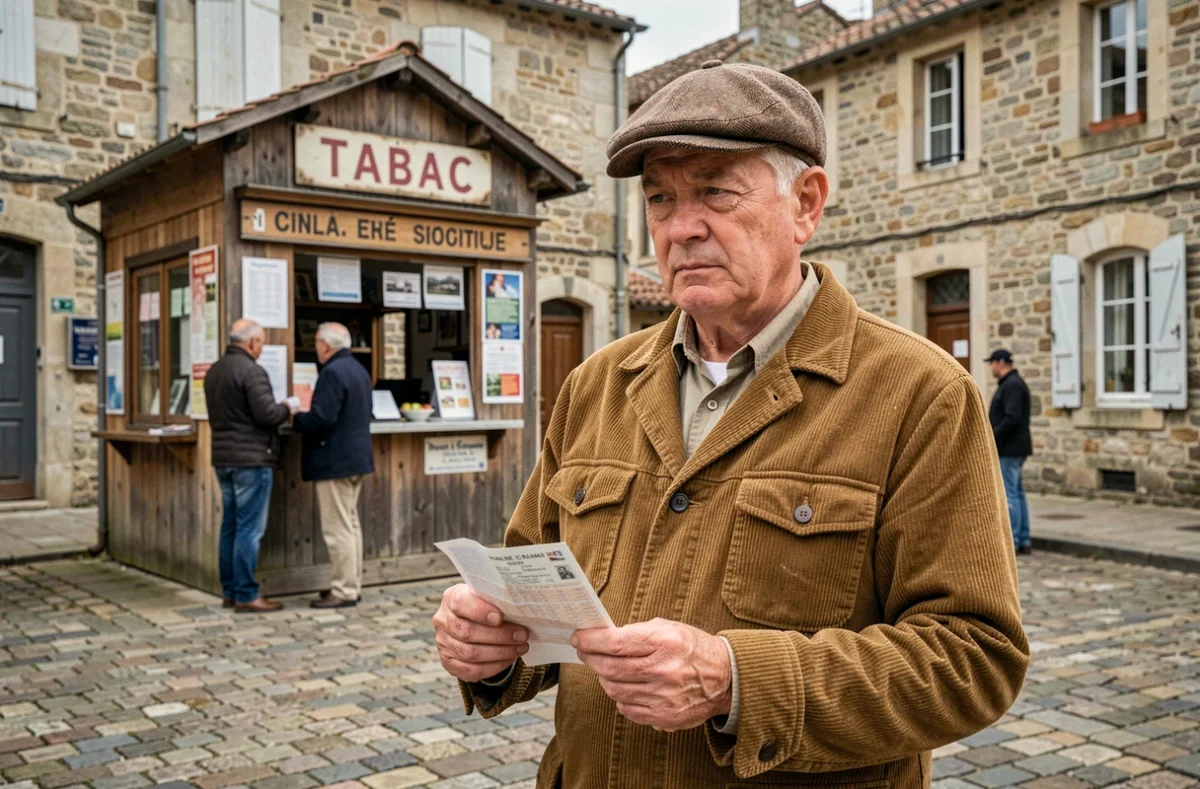 Homme tenant un ticket de loterie devant un kiosque en village français, expression d'espoir discret et de résignation
