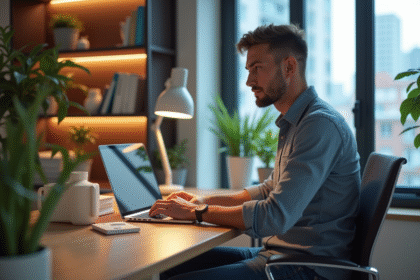 Homme d'affaires travaillant sur un ordinateur avec des billets d'euros