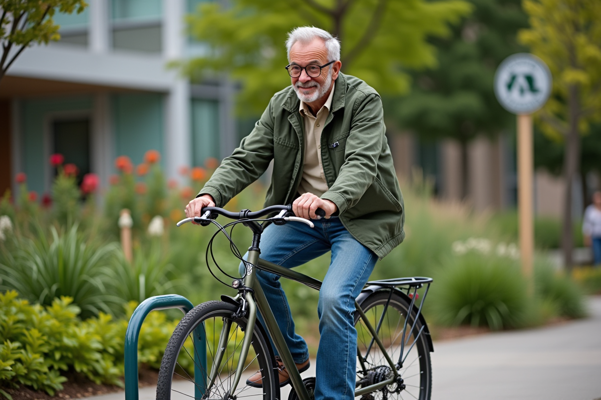 Homme en jeans recyclés attache son vélo dans un jardin communautaire