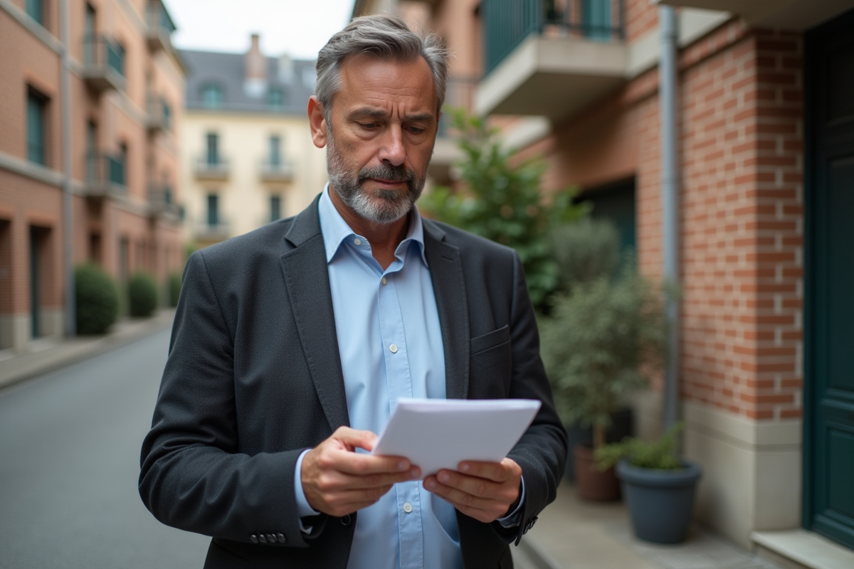 Homme vérifiant une lettre devant un immeuble résidentiel