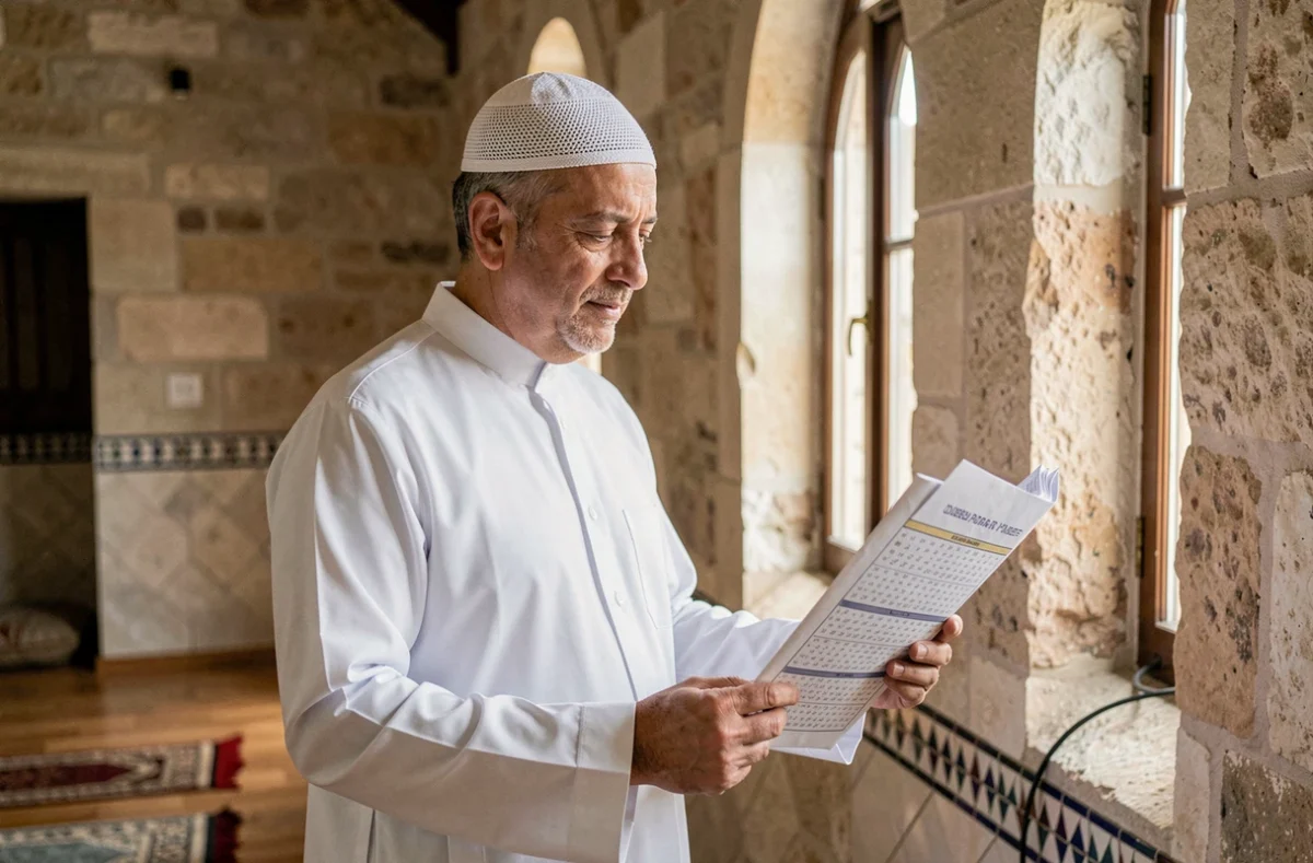 Homme musulman consultant un calendrier des horaires de prière dans une mosquée de Douai