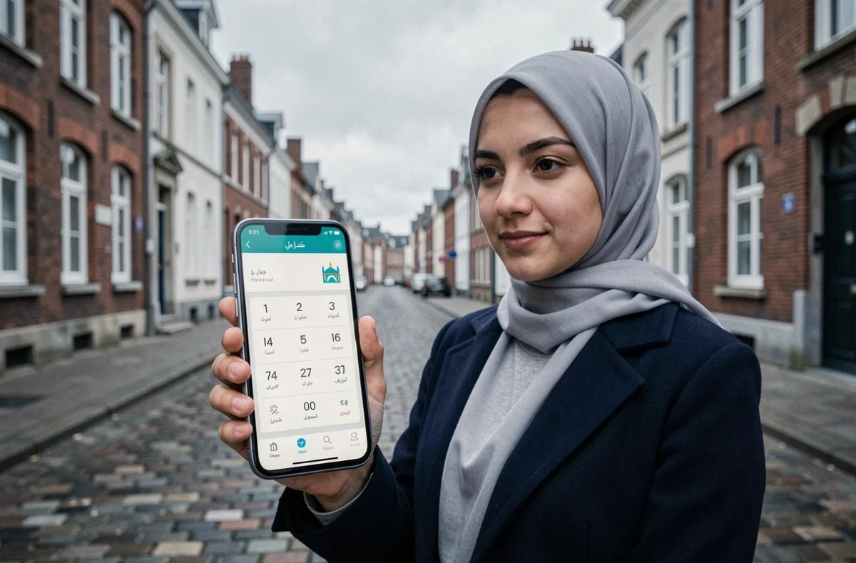 Jeune femme consultant les horaires de prière sur smartphone dans une rue de Douai
