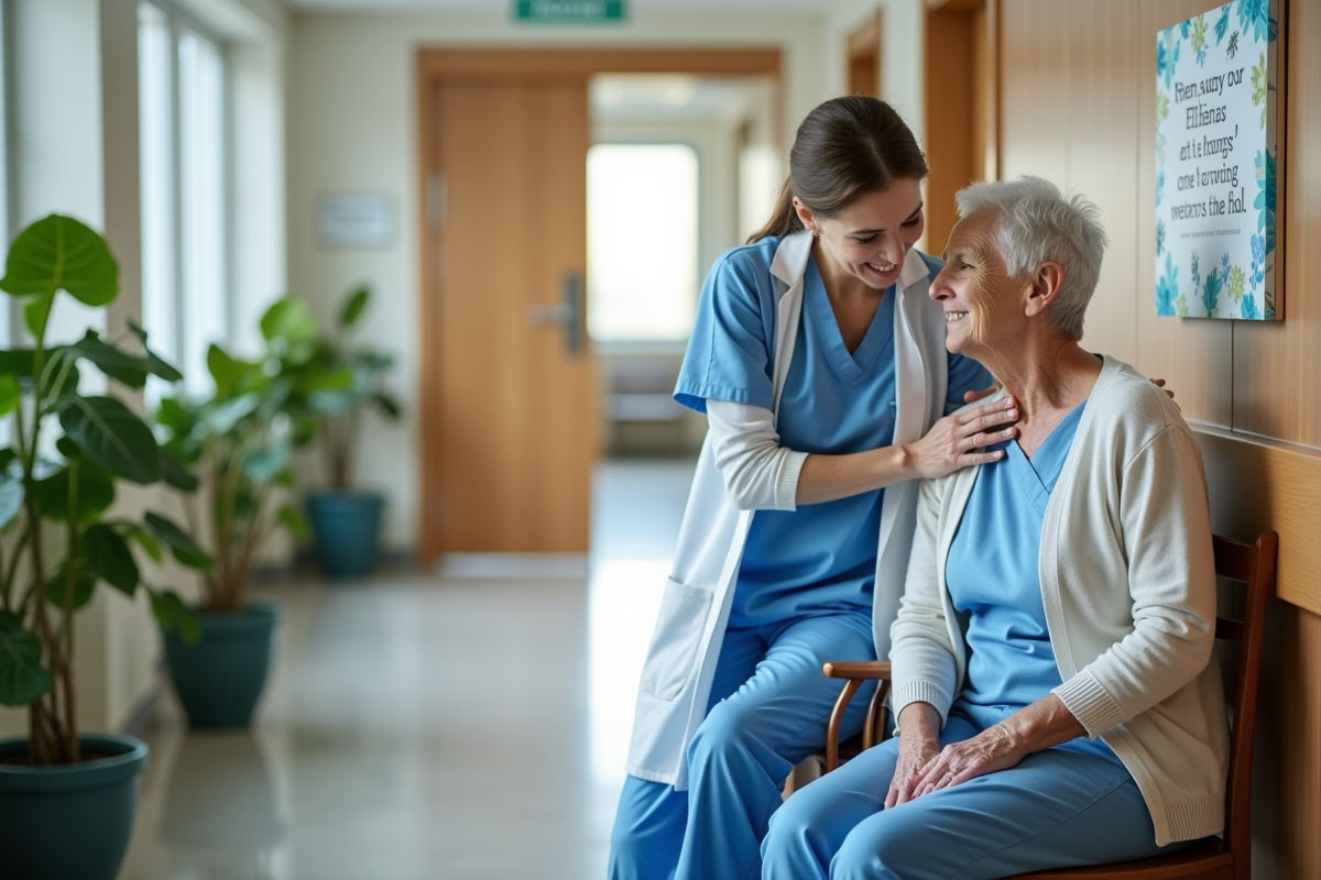 Infirmière en blouse bleue avec patiente âgée dans couloir d'hôpital