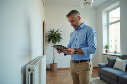 Inspecteur immobilier examine radiateur dans appartement moderne