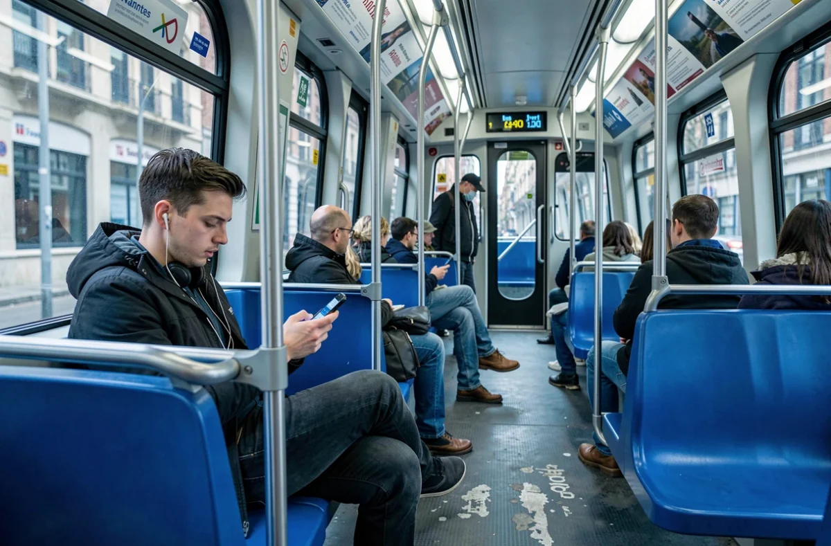 Intérieur d'une rame de tramway nantais avec des passagers assis consultant leurs correspondances sur smartphone