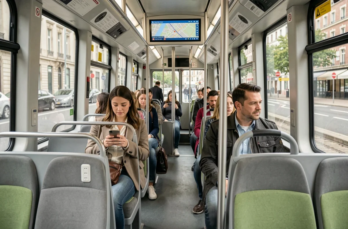 Intérieur confortable du tramway ligne 2 de Nantes avec sièges ergonomiques, prises USB et affichage numérique en temps réel