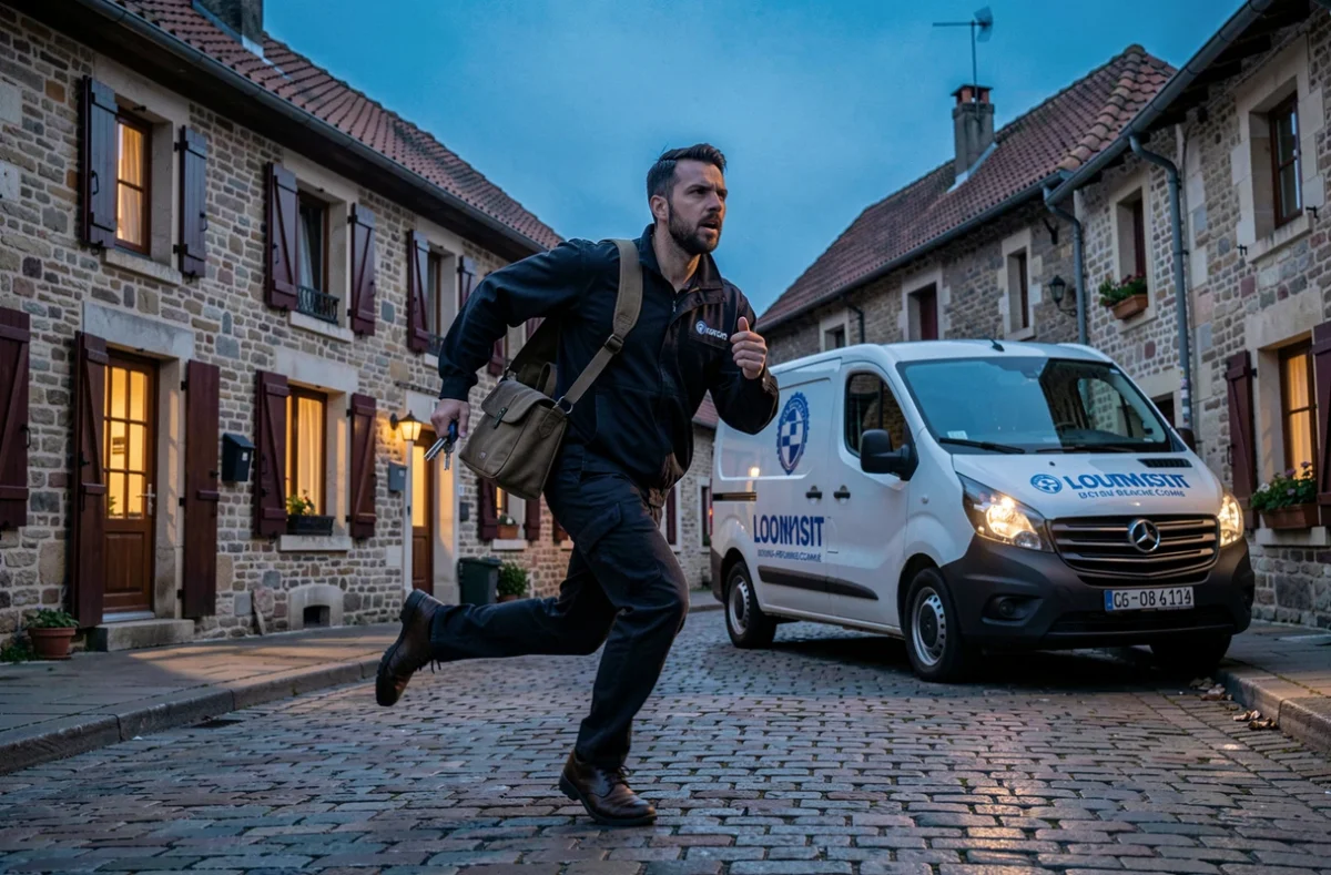Serrurier en urgence courant vers une habitation avec son sac d'outils, son véhicule d'intervention garé dans une rue pavée de Bourgogne