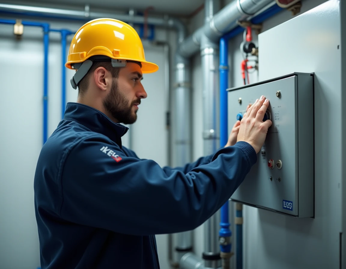 Technicien ITK Elec installant un tableau électrique couplé à un système de pompage dans une chaufferie