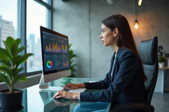 Jeune femme en blazer analysant des graphiques dans un bureau moderne