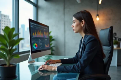 Jeune femme en blazer analysant des graphiques dans un bureau moderne