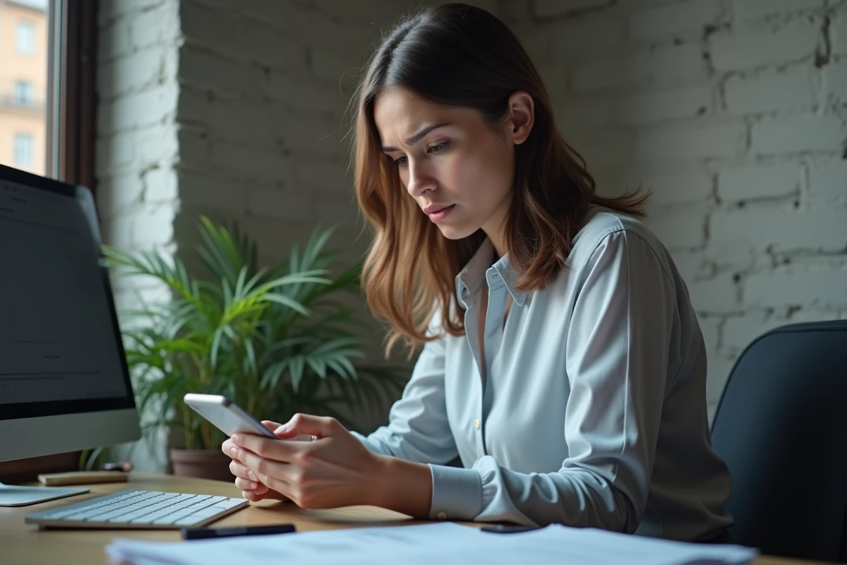 Jeune femme au bureau lisant son téléphone avec inquiétude