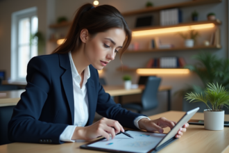 Jeune femme en blazer navy designant une interface sur tablette