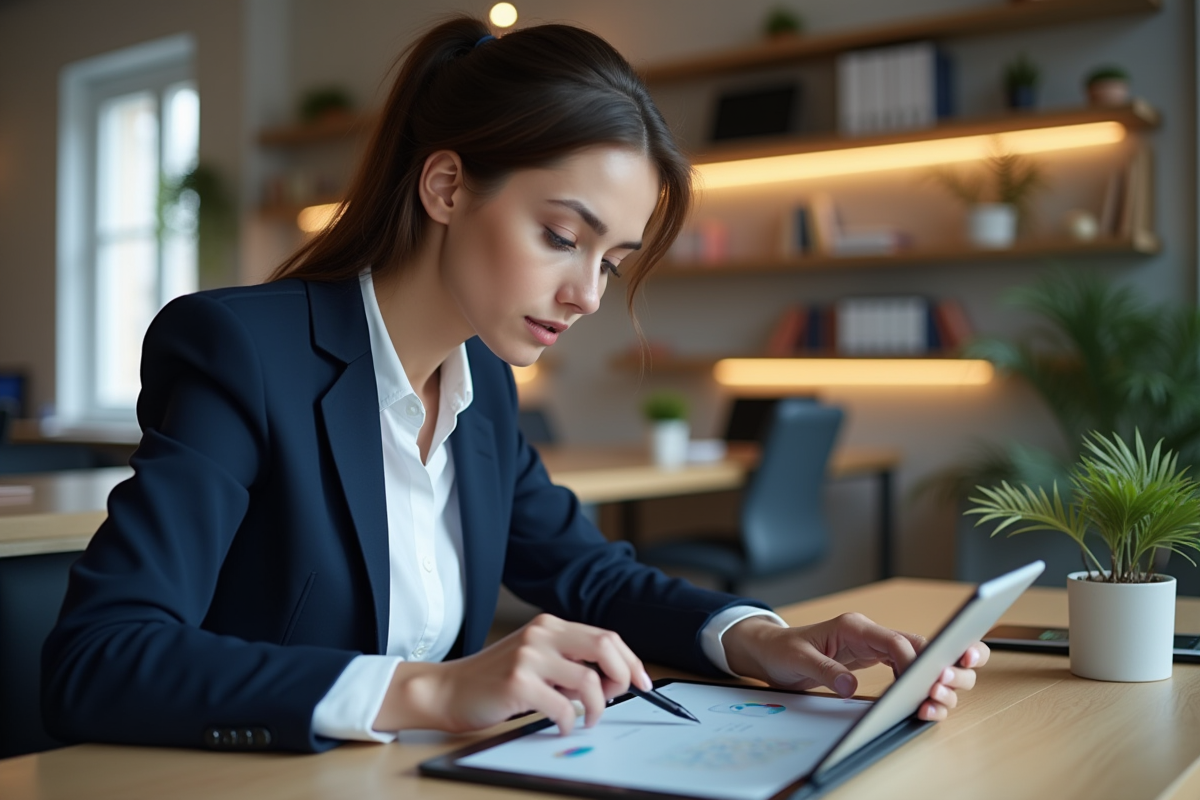 Jeune femme en blazer navy designant une interface sur tablette