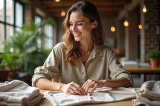 Jeune femme en vêtements durables plie des t-shirts en coton bio