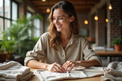 Jeune femme en vêtements durables plie des t-shirts en coton bio