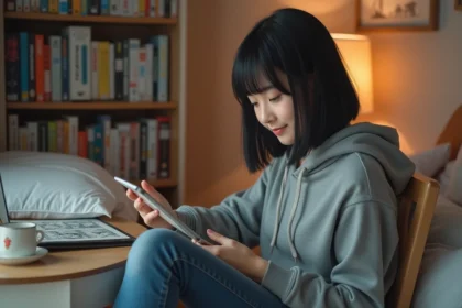 Jeune femme lisant manga sur tablette dans sa chambre