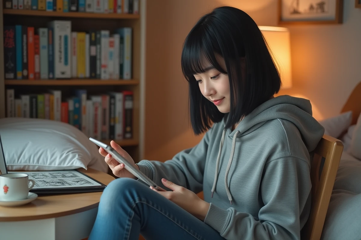 Jeune femme lisant manga sur tablette dans sa chambre