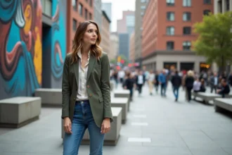 Jeune femme en blazer près d'une fresque urbaine
