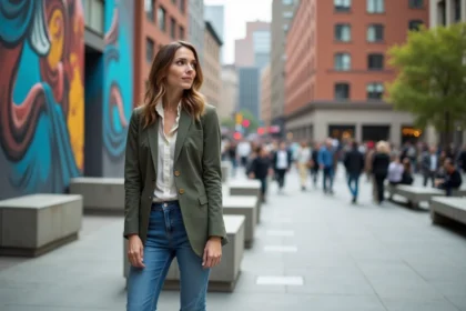 Jeune femme en blazer près d'une fresque urbaine