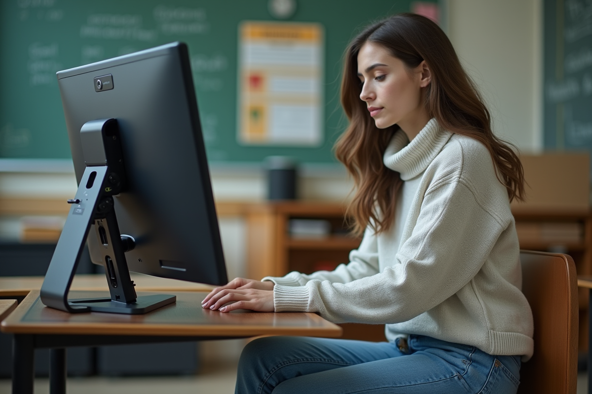 Jeune femme regardant un écran de projection dans une salle de classe