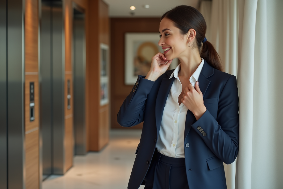 Jeune femme élégante en blazer navy dans un lobby moderne