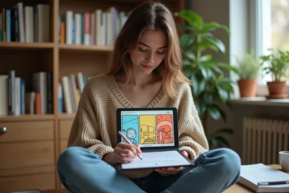 Jeune femme concentrée sur sa tablette dans un bureau cosy
