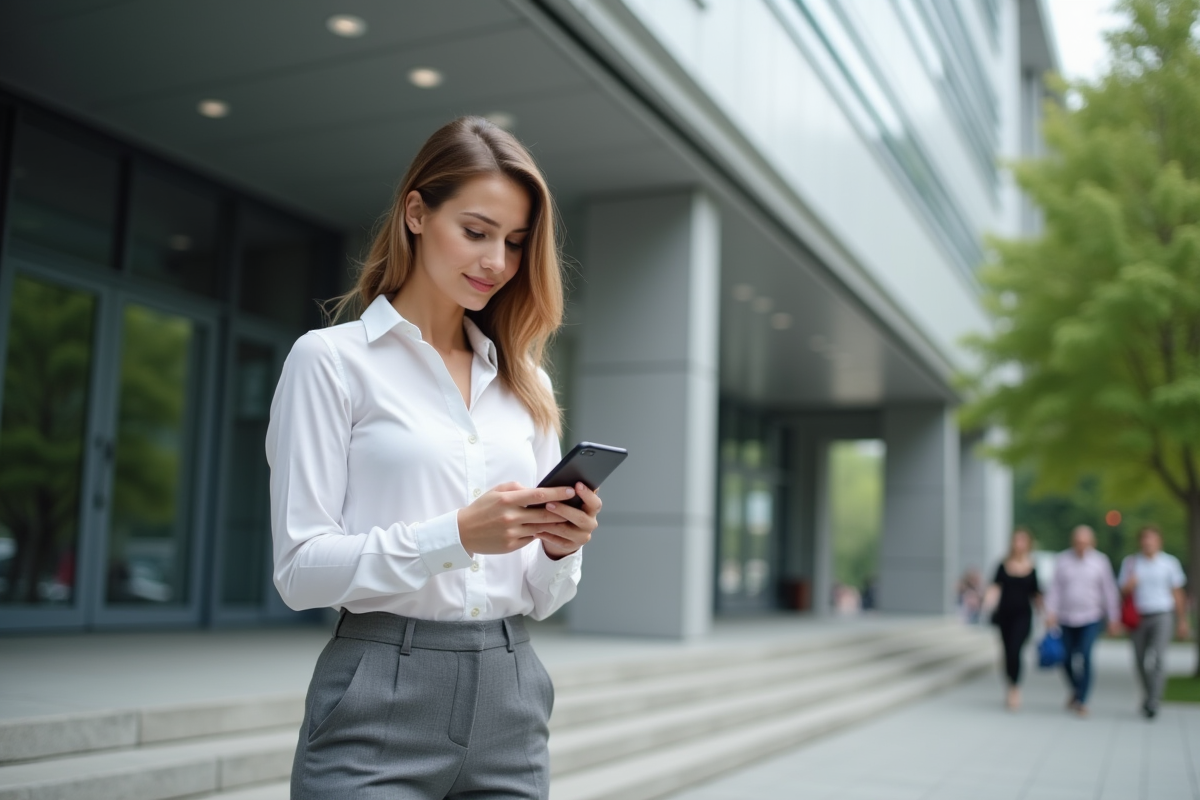 Jeune femme d affaires vérifiant son smartphone devant banque