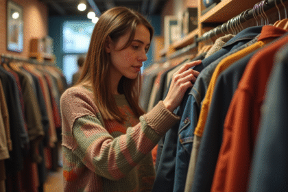 Jeune femme en thrift shop touchant un pull texturé