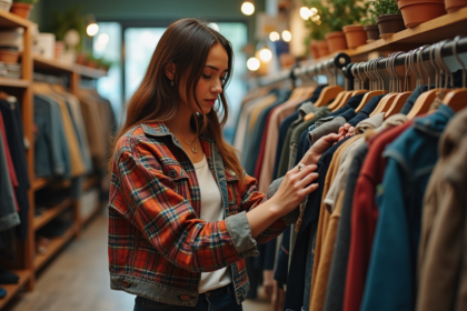 Jeune femme dans une friperie vintage en train de choisir un vêtement