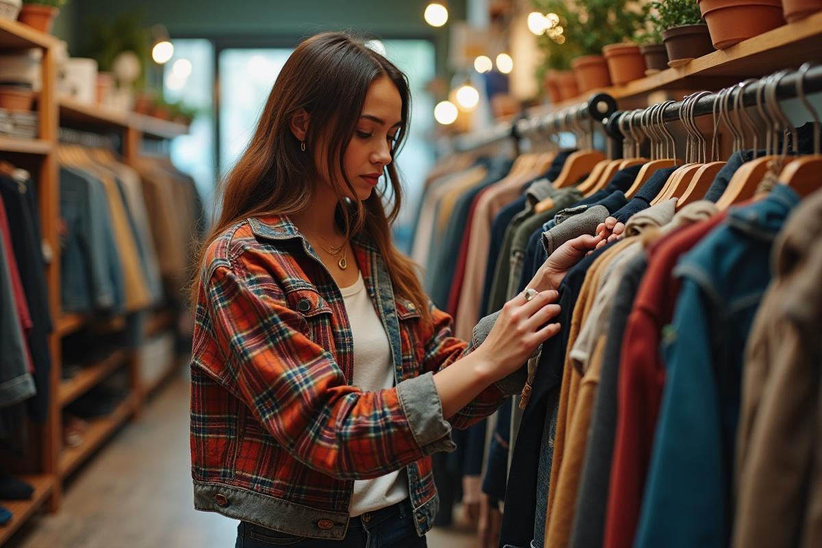 Jeune femme dans une friperie vintage en train de choisir un vêtement